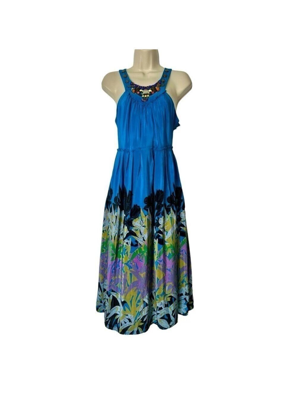Moulinette Soeurs Island Nightfall Silk Beaded Dress Women's 0 Blue Art to Wear
